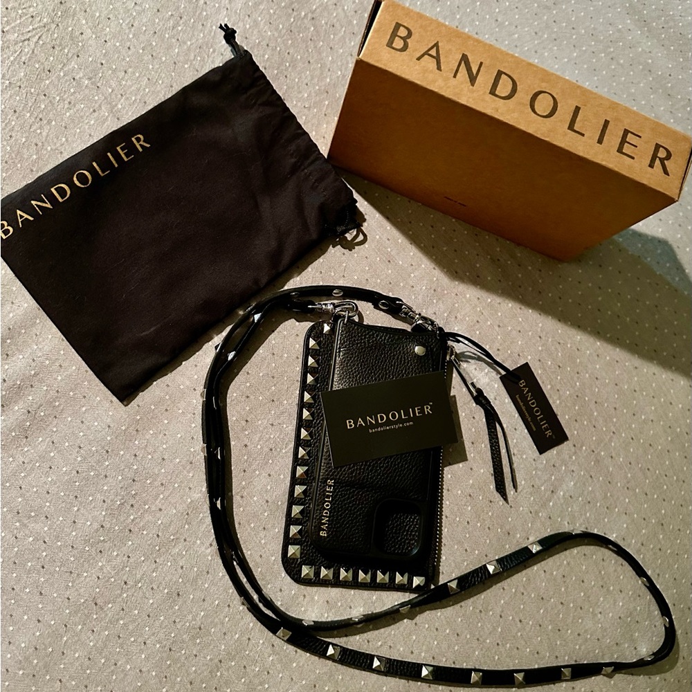 BANDOLIER DESIGNER LUXURY IPHONE CASE / BLACK STUDDED POUCH & STRAP NEW ⭐️⭐️⭐️⭐️
